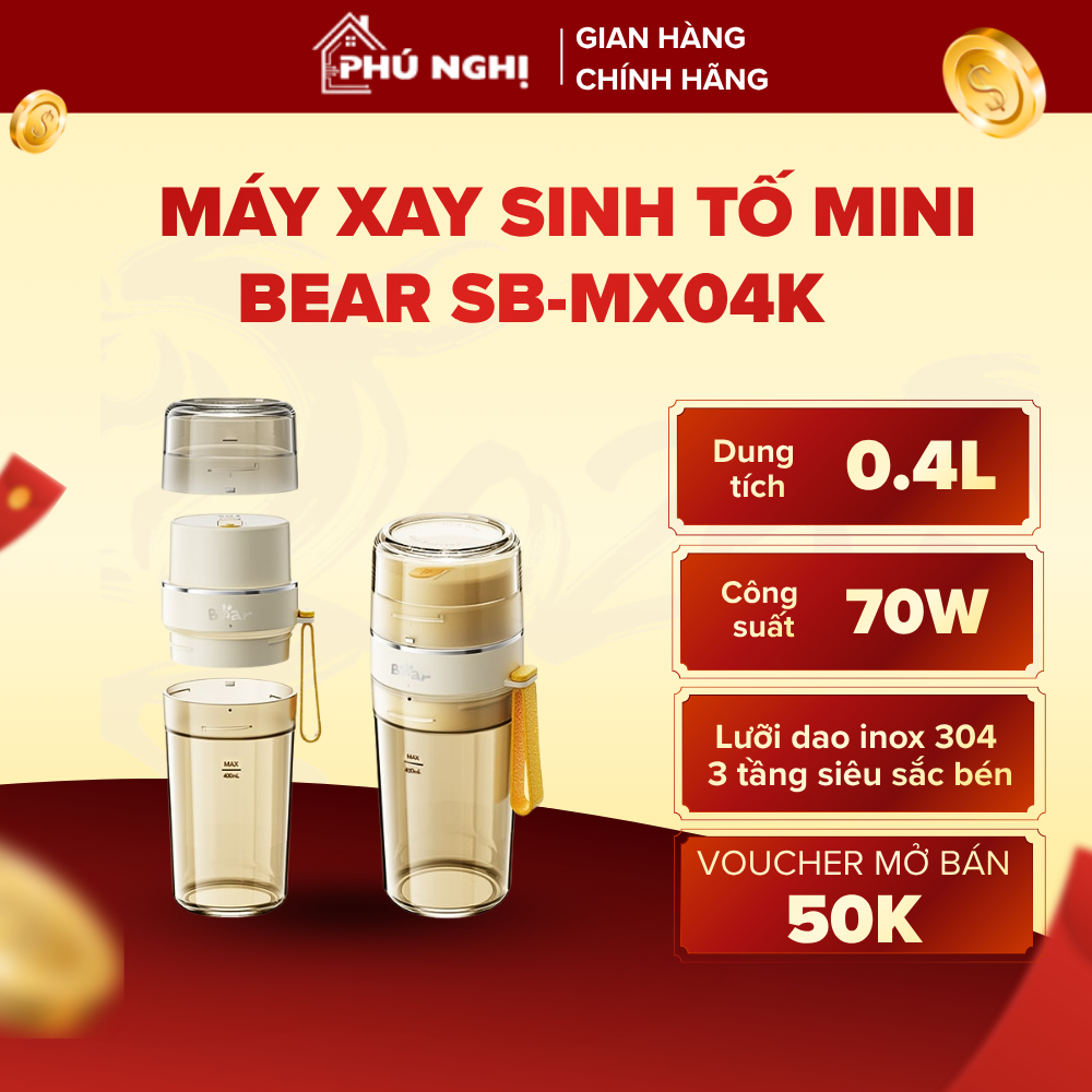 [MÃ 50K MỞ BÁN] Máy Xay Sinh Tố Mini Cầm Tay BEAR 400ml SB-MX04K, 2 Cối Xay Sinh Tố, Rau Củ