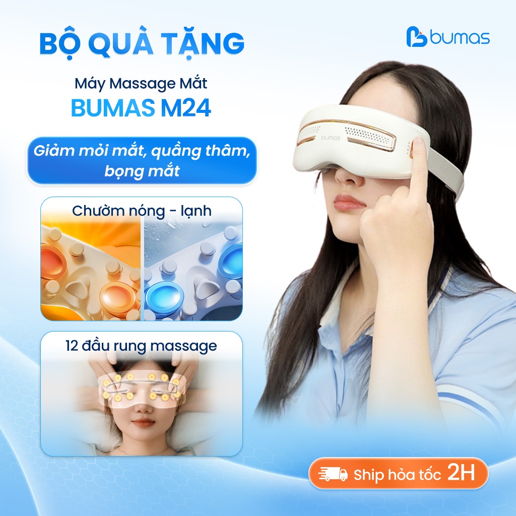[Set Quà] Máy Massage Mắt BUMAS M24 - Chườm Nóng/Lạnh Linh Hoạt,12 Đầu Massage Rung Bằng Silicon