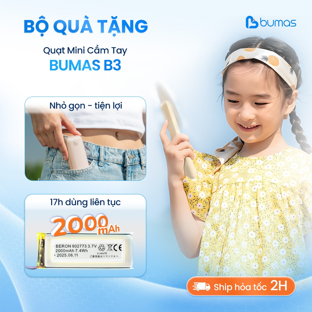 Quạt Mini An Toàn BUMAS B3, Quạt Siêu Mỏng Nhẹ, Bền Bỉ -Sử Dụng 17H, 3 Cấp Độ Gió - QUÀ TẶNG BẠN NHỎ