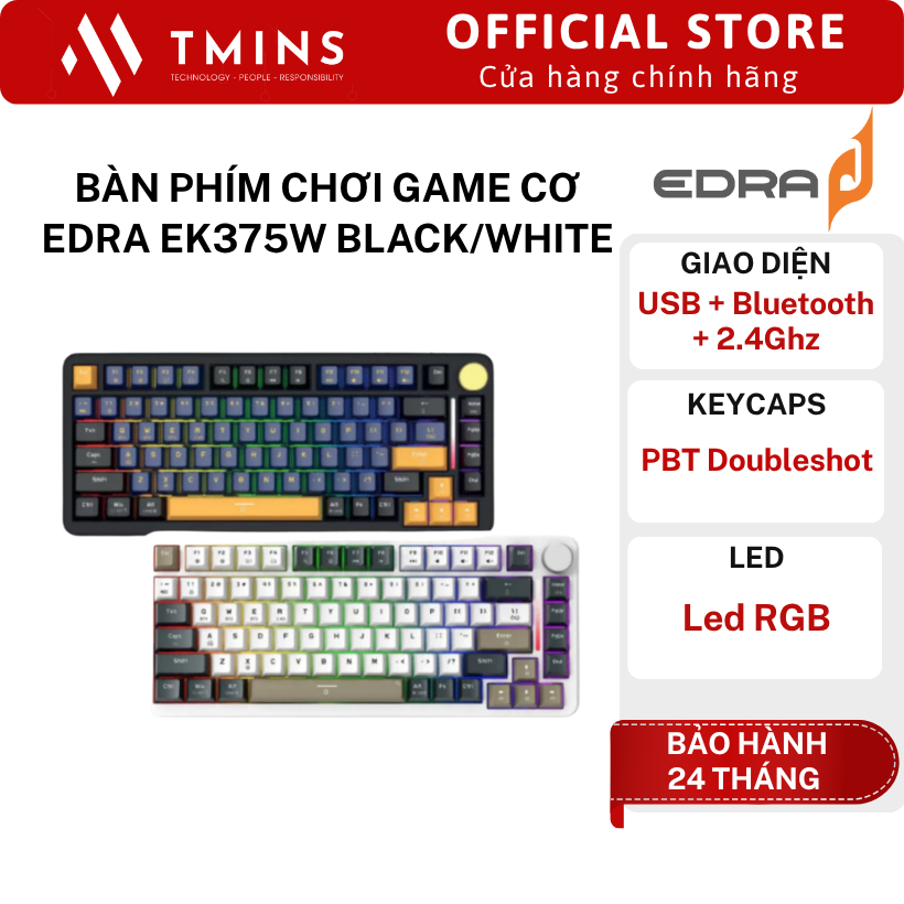 Bàn phím chơi game cơ EDRA EK375W Black/White (PBT Doubleshot/ Led RGB/ 3 mode) - Hàng chính hãng