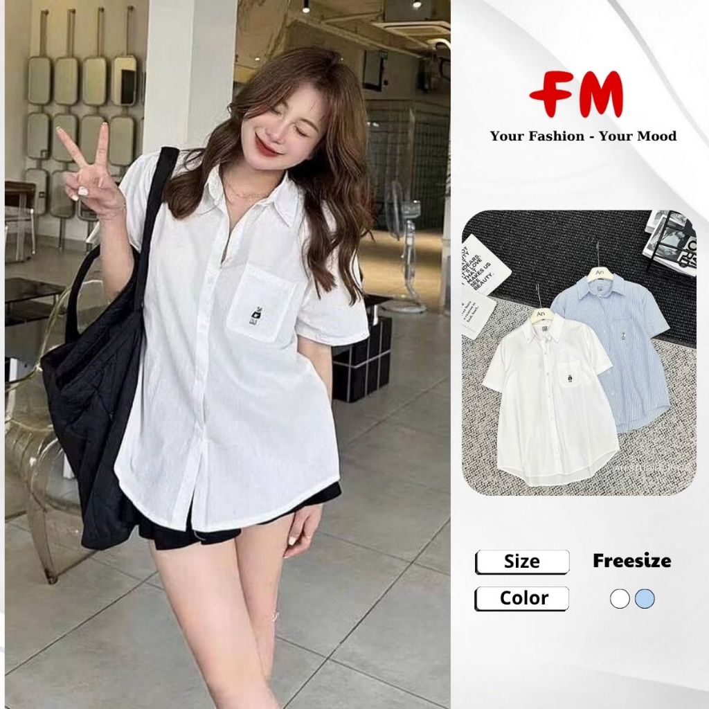 Áo Sơ Mi Nữ Kẻ Sọc FMSTYLE – Form Rộng Tay Ngắn 1 Túi Thêu Gấu Dễ Thương 26030491