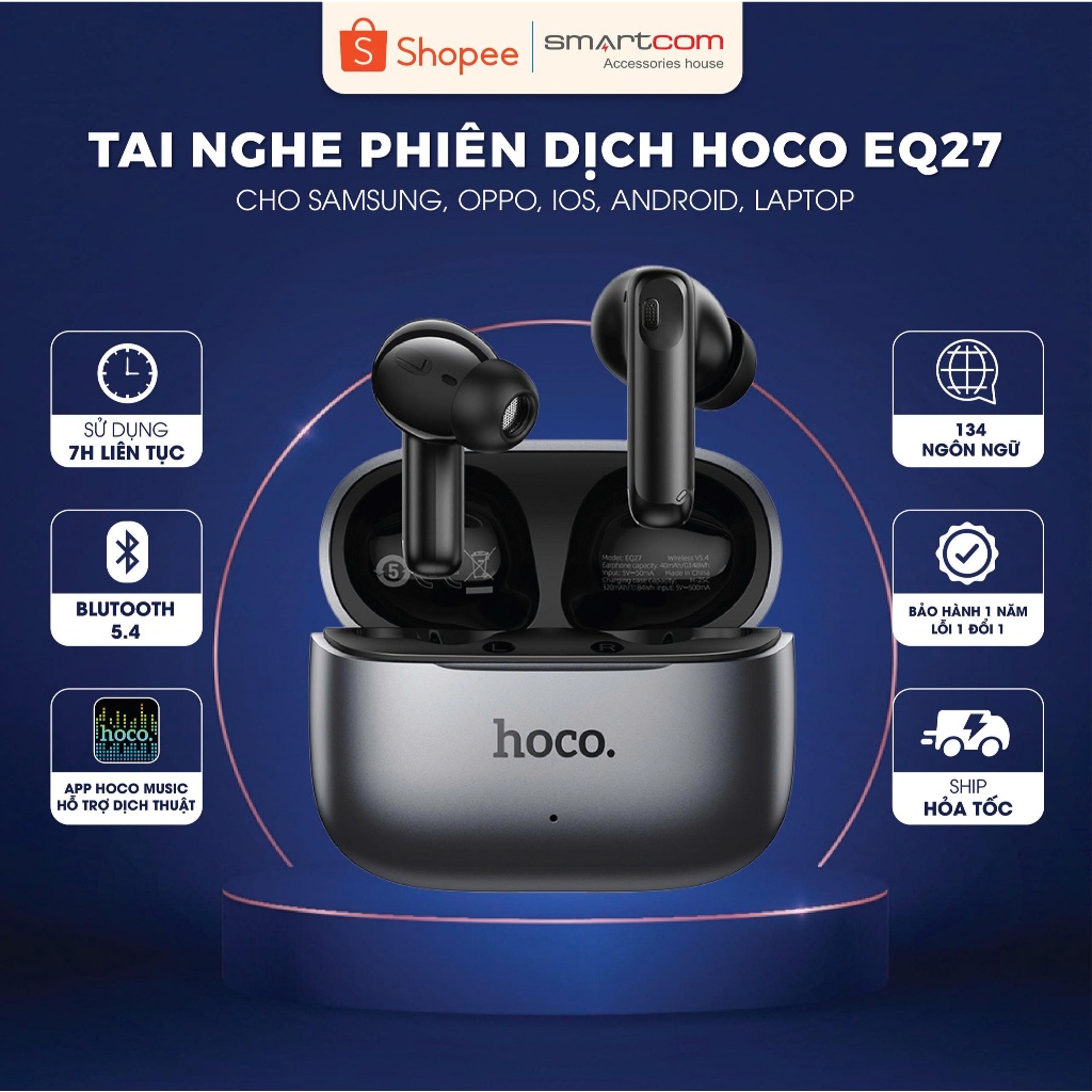 Tai nghe Bluetooth Hoco EQ27 – dịch thuật 134 ngôn ngữ, pin 7H, kết nối ổn định, chính hãng có bảo h