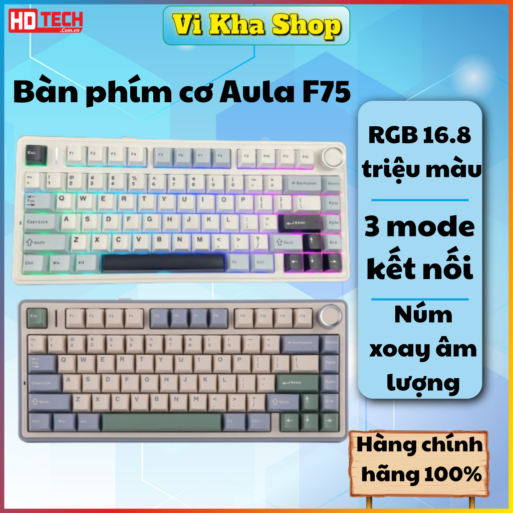 Bàn Phím Cơ AULA F75  trắng xanh dương gradient RGB Wireless 3 Mode – Hotswap, Pin Sạc – Gaming Keyb