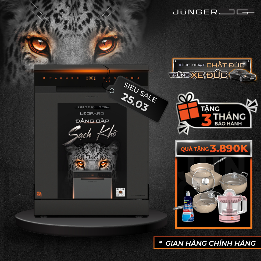 [2 QUÀ + LẮP 0Đ] Máy Rửa Chén Bát Junger JG Leopard DWJ-183-VG 15 Bộ Rửa AI, Sấy Độc Lập, BH 7 Năm Sạch Khô Tuyệt Đối