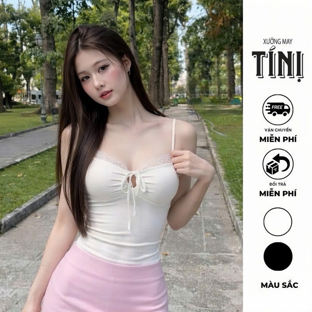 Xuongmaytini - Áo 2 Dây Viền Ren, Dây Rút Thắt Nơ Có Mút Tháo Rời Vải thun Rip Trung co giãn giữ form mềm mịn mát_Áo_A12