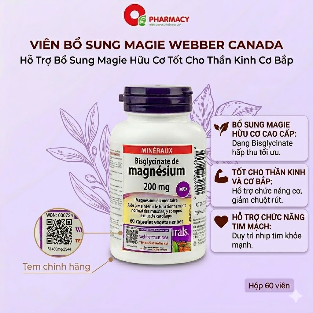 (Canada) Viên Uống Magie Hữu Cơ Webber Naturals Magnesium Bisglycinate Hỗ Trợ Giảm Chuột Rút Tốt Cho