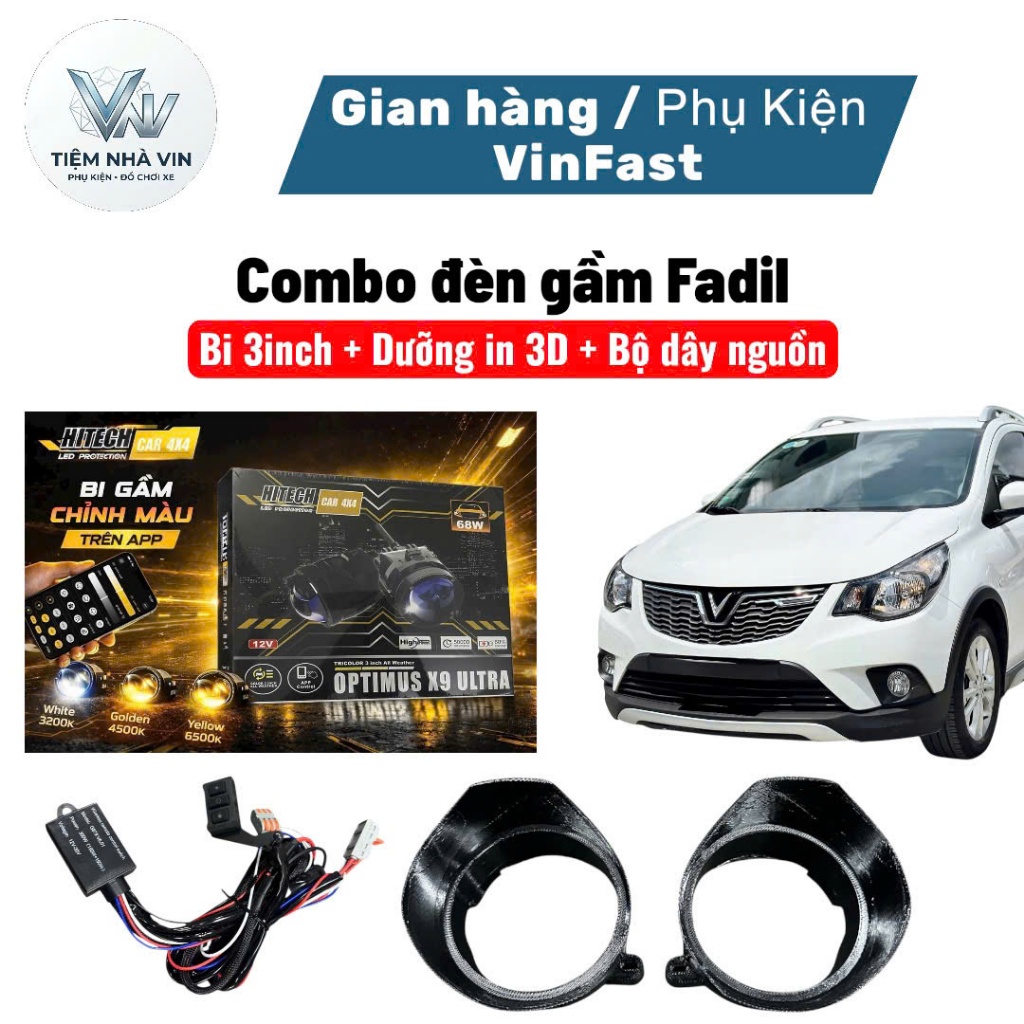 (VinFast) Đèn gầm Fadil Full combo kèm dưỡng in 3D, bi gầm 3inch 3 màu, bộ dây giắc nguồn rời không 