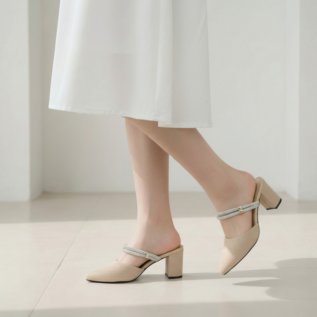 Giày cao gót vuông 7p bít mũi da nhung dây xoàn ngang 2 kiểu mang - BM70