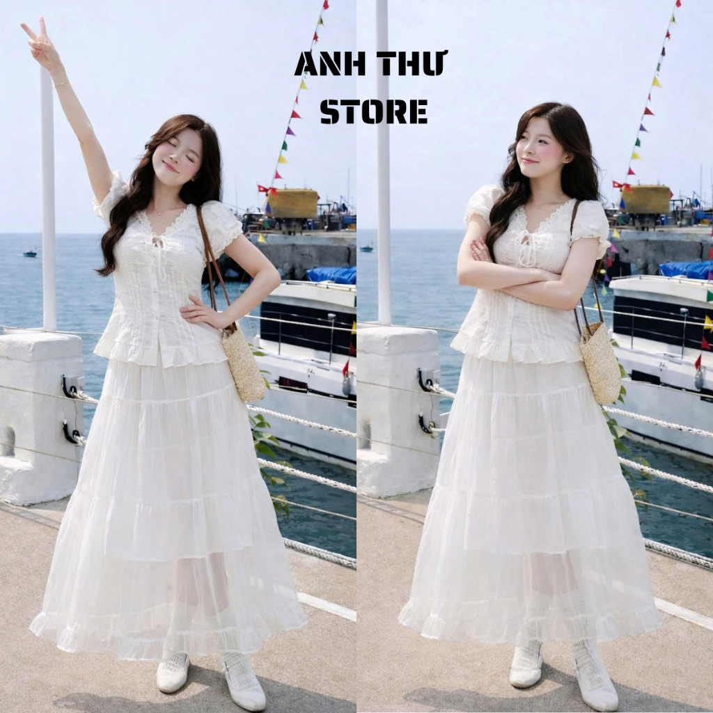 Áo Sơ Mi Kiểu Nữ Dáng Croptop Chất Thô Giấy Phối Ren Buộc Nơ Ngực 2 Lớp Tay Phồng Nữ Tính Cực Tôn Dáng 528 | BigBuy360 - bigbuy360.vn