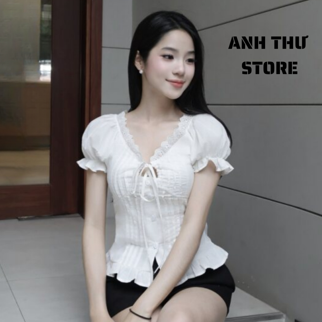 Áo Sơ Mi Kiểu Nữ Dáng Croptop Chất Thô Giấy Phối Ren Buộc Nơ Ngực 2 Lớp Tay Phồng Nữ Tính Cực Tôn Dáng 528 | BigBuy360 - bigbuy360.vn