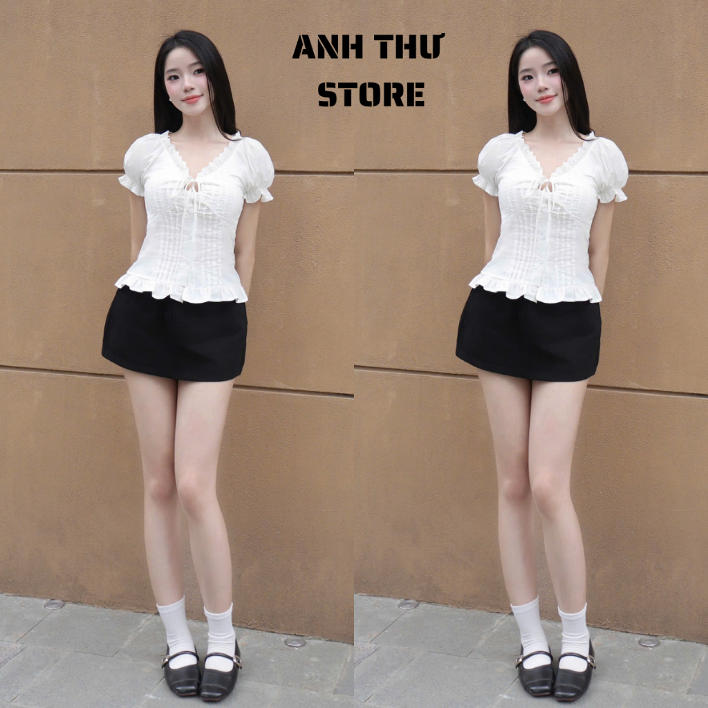 Áo Sơ Mi Kiểu Nữ Dáng Croptop Chất Thô Giấy Phối Ren Buộc Nơ Ngực 2 Lớp Tay Phồng Nữ Tính Cực Tôn Dáng 528 | BigBuy360 - bigbuy360.vn