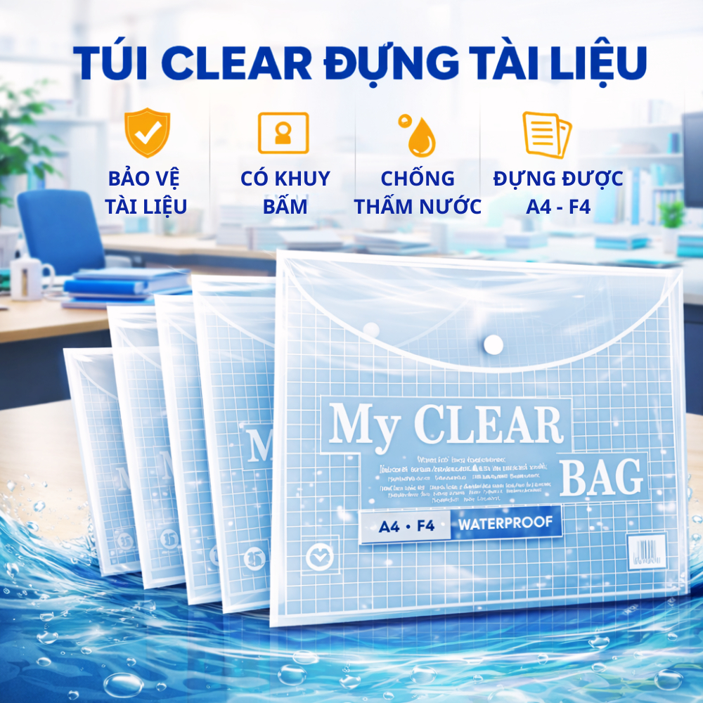 Túi đựng tài liệu Clear Bag A4, Bìa đựng tài liệu văn phòng phẩm, Túi khuy A4, khổ to F4 trong suốt,
