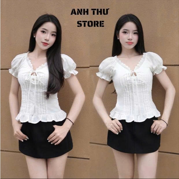 Áo Sơ Mi Kiểu Nữ Dáng Croptop Chất Thô Giấy Phối Ren Buộc Nơ Ngực 2 Lớp Tay Phồng Nữ Tính Cực Tôn Dáng 528 | BigBuy360 - bigbuy360.vn