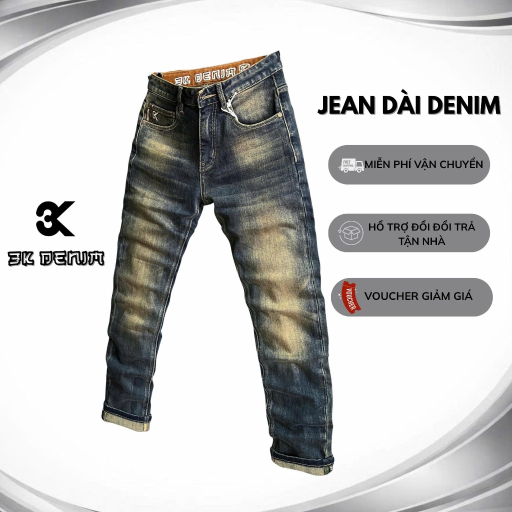 [3K DENIM] Quần Jean Denim Guangzhou Nam Dài Màu Xanh Was Phủ Đồng Lưng in 3K Denim  2253-J3891