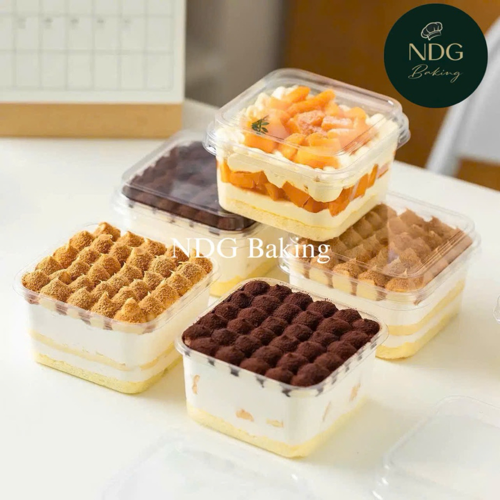 50 Hộp Nhựa Vuông Trong Suốt 400ml – Đựng Bánh Lạnh, Tiramisu, Mousse, Panna Cotta [JLH10-6]