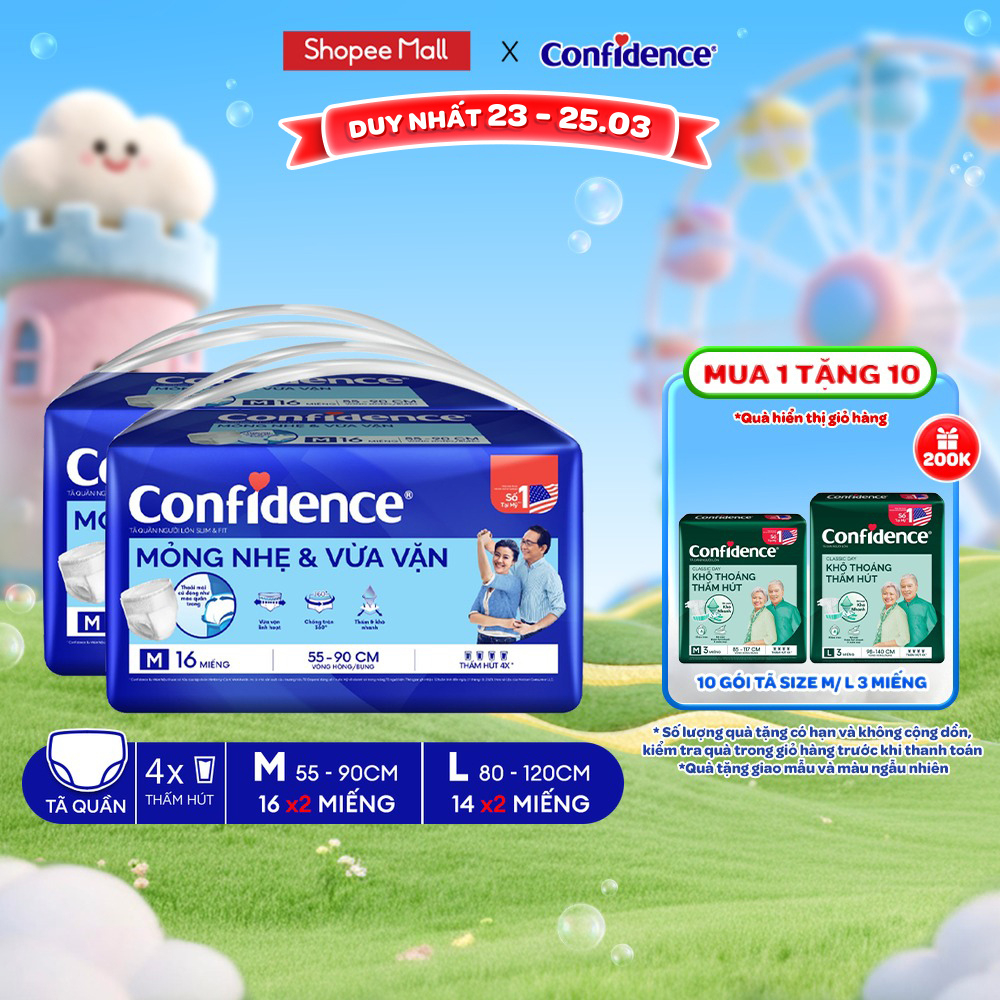 Combo 2 Tã quần người lớn CONFIDENCE SLIM&FIT size M/L gói 16/14 miếng (Hàng cộng miếng tùy theo CTKM)