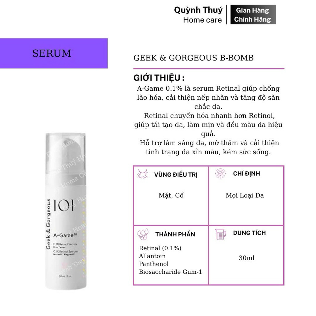 [ Chính Hãng ]  Tinh Chất Chống Lão Hoá , Hỗ Trợ Tái Tạo Da Săn Chắc A-Game10 0.1% Retinal 30ml