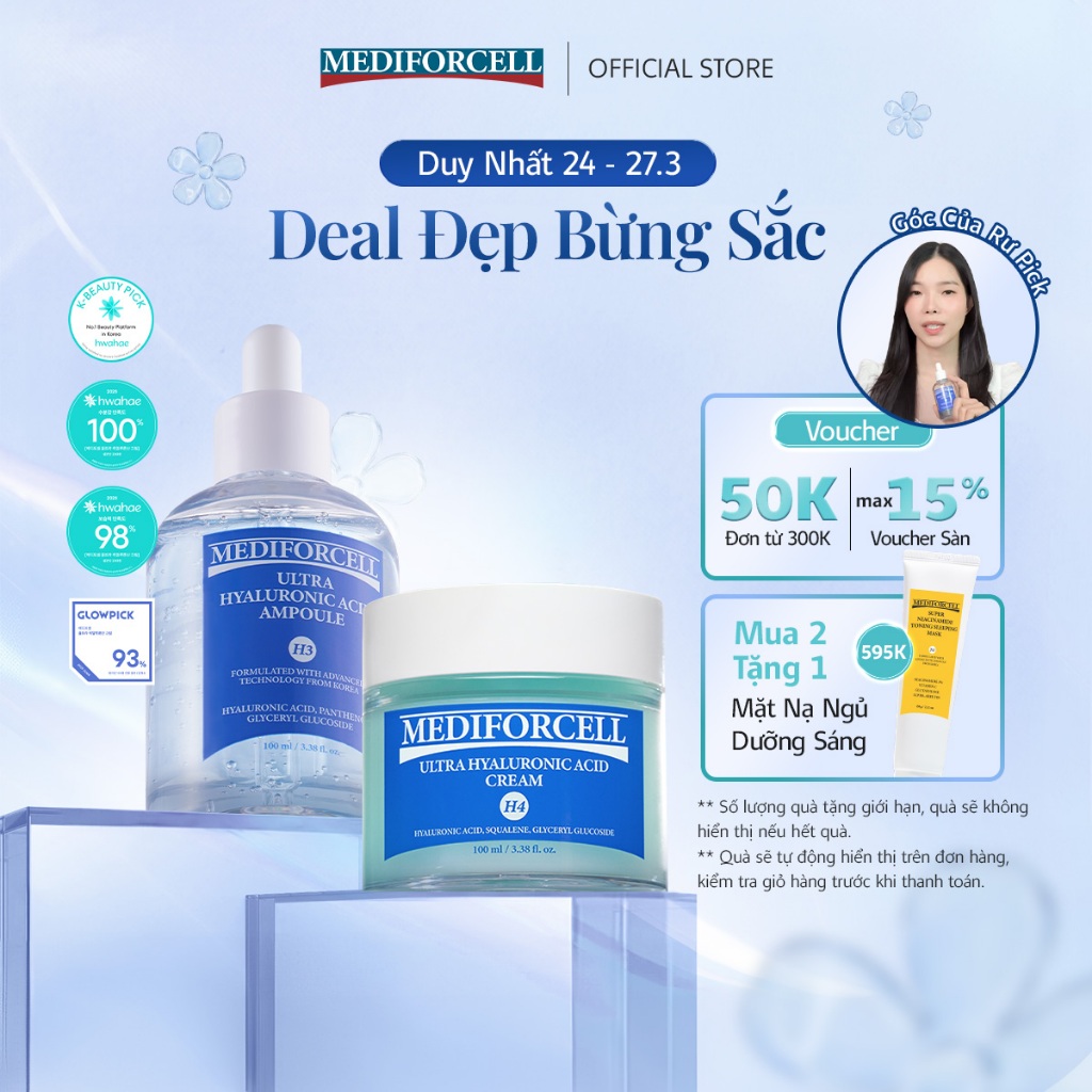 [DEAL 2 TẶNG 1 ] Bộ Ampoule 100ml Và Kem Dưỡng 100ml Siêu Cấp Ẩm Và Căng Bóng Da Mediforcell + Mặt Nạ Ngủ Dưỡng Trắng 60