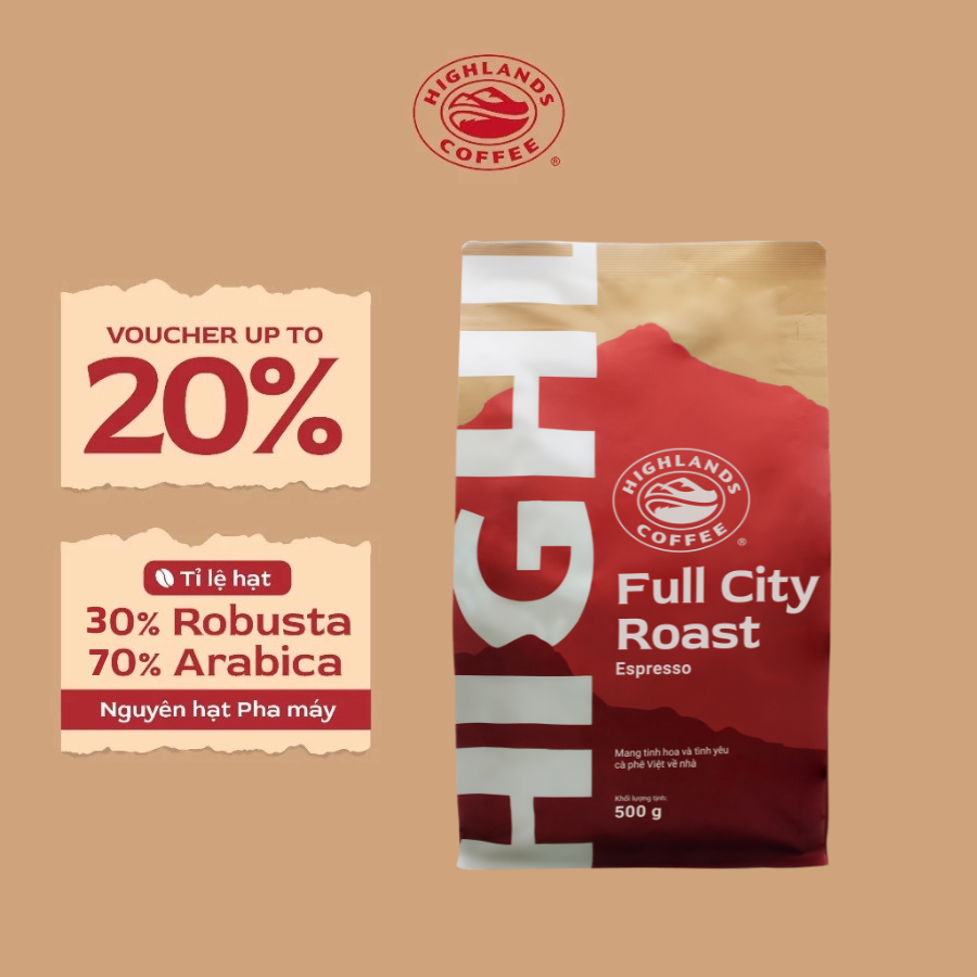 Cà phê rang nguyên hạt Full City Roast Highlands Coffee gói 500g