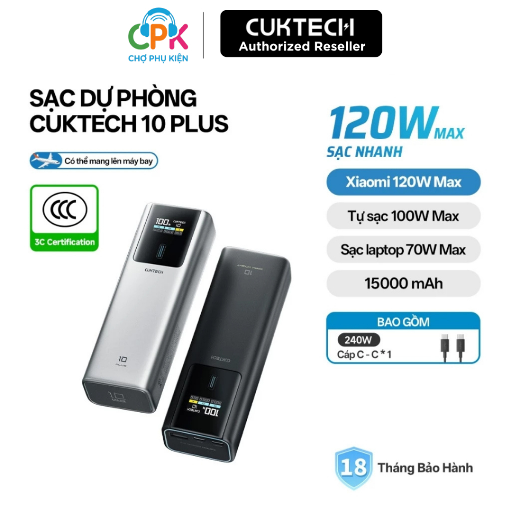 [TẶNG CÁP 240W]CUKTECH Pb100P Sạc Di Động 1C1A | Công Suất 150W Max | Dung Lượng 10.000mAh | Bảo Hàn