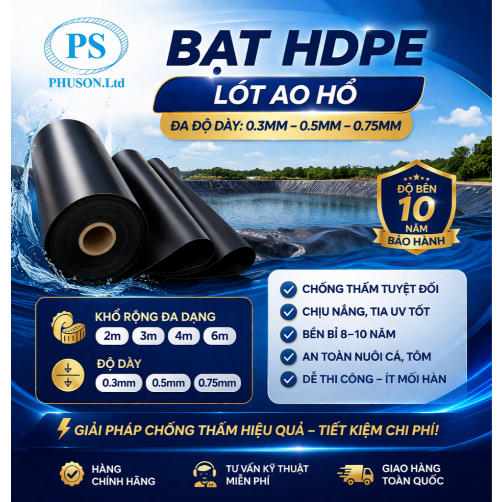 Bạt Lót Hồ Chống Thấm HDPE Phú Sơn Làm Hồ Cá Koi, Nuôi Tôm 0.3mm 0.5mm khổ 6m, An Toàn Sinh Thái