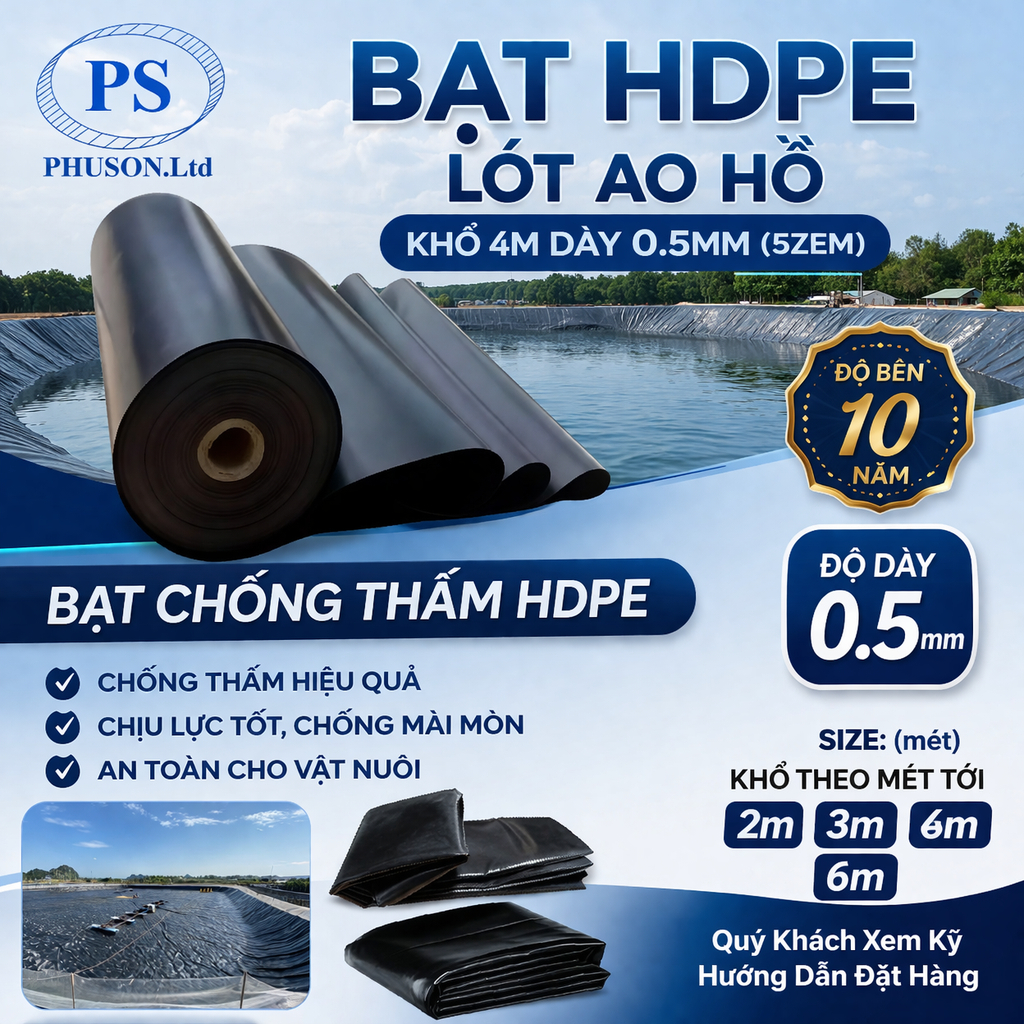 Bạt Lót Hồ Chống Thấm HDPE Phú Sơn, Làm Hồ Cá Koi, Nuôi Tôm 0.3mm 0.5mm Khổ 4M, Bạt HPDE Nuôi Ốc, Nu
