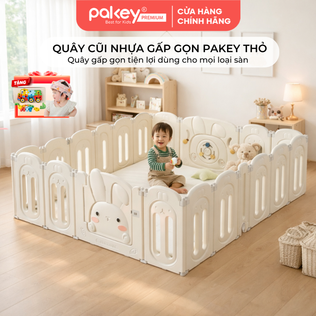 Quây Cũi Nhựa Gấp Gọn PAKEY Thỏ Trắng, Quây Cũi Hình Thỏ Đáng Yêu Dày Dặn Chắc Chắn Cho Bé - Bảo Hàn