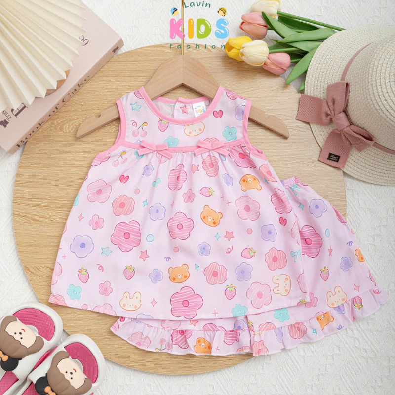 Bộ tole lanh sát nách phối viền 2 nơ size 6-18kg - Lavin Kids