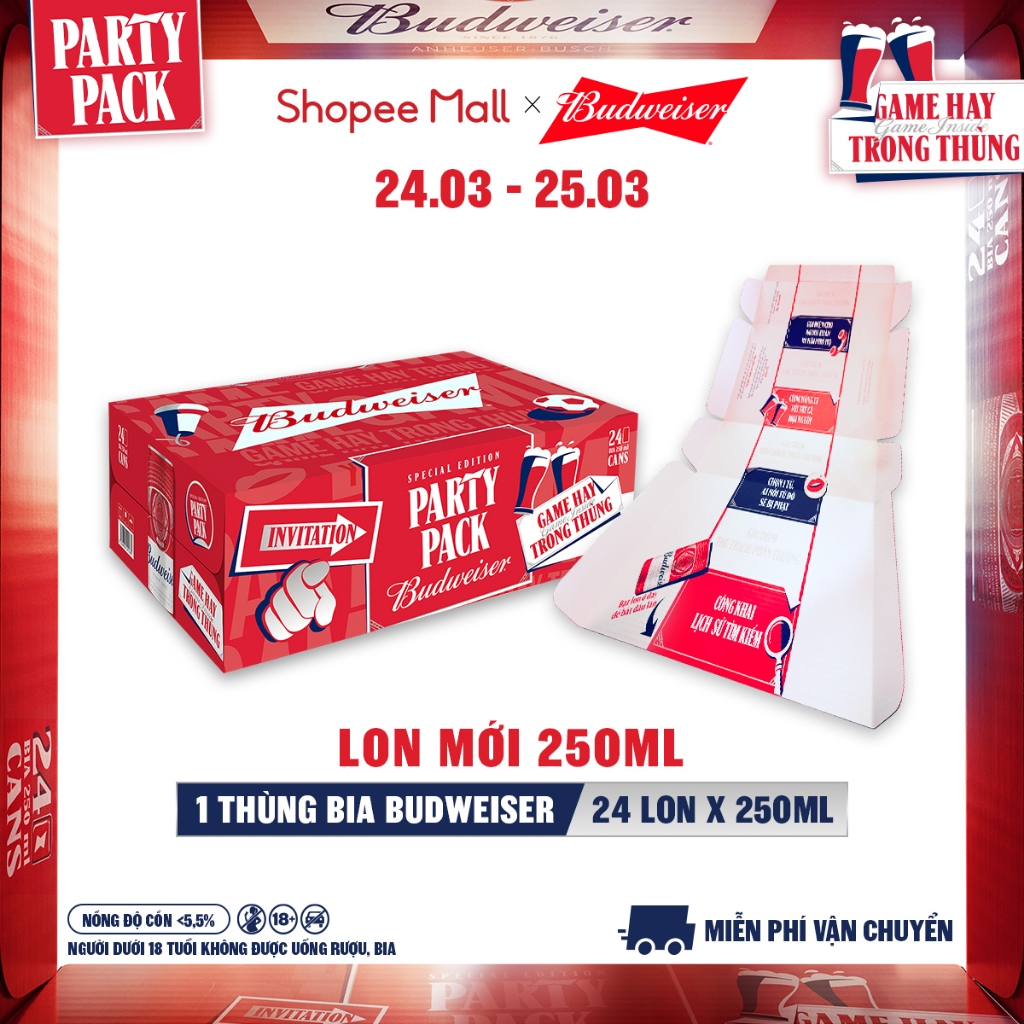 Thùng 24 Lon Bia Budweiser PartyPack Chính Hãng (250ml/lon)