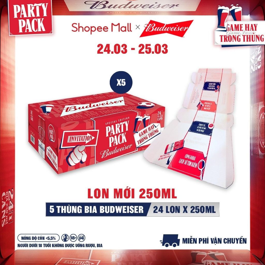 Combo 5 Thùng 24 Lon Bia Budweiser PartyPack Chính Hãng (250ml/lon)