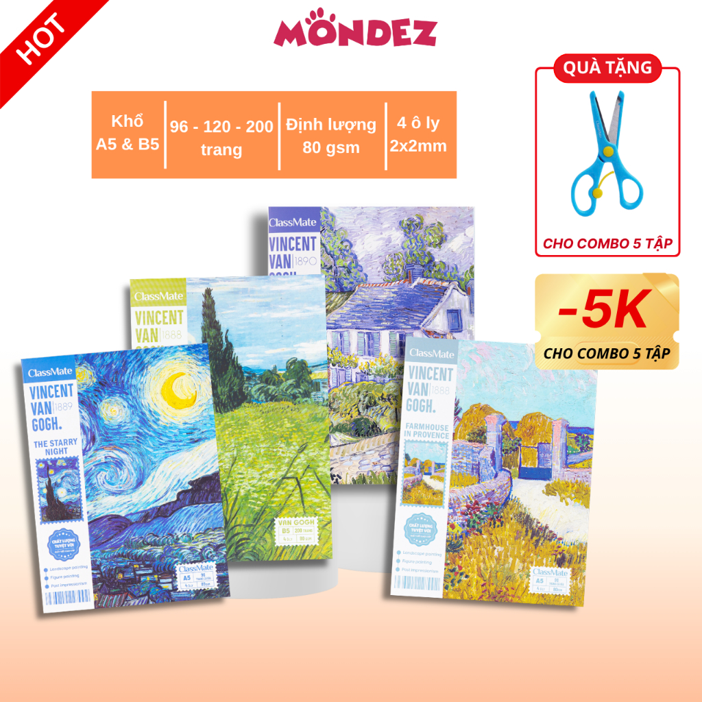 Combo 5 Tập Học Sinh VanGogh 96/120/200 Trang A5 B5 4 Ô Ly Giấy Siêu Dày 80gsm Bìa Cán Vân Chống Nước