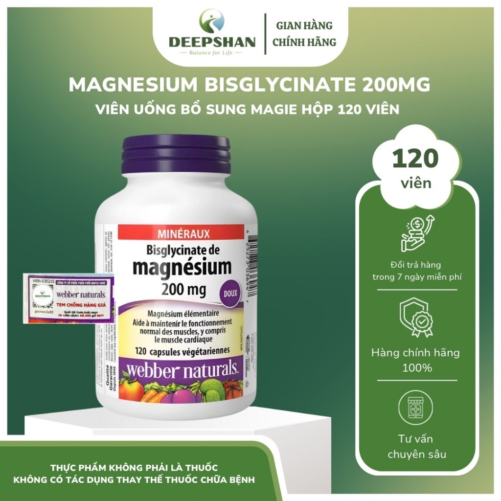 Viên uống bổ sung Magie Webber Naturals MAGNESIUM BISGLYCINATE hàm lượng 200mg