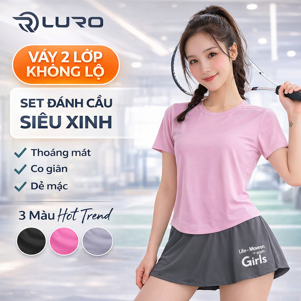 Set váy thể thao nữ 2 lớp không lộ + áo form rộng phối lưới – đồ đánh cầu lông tennis gym nữ