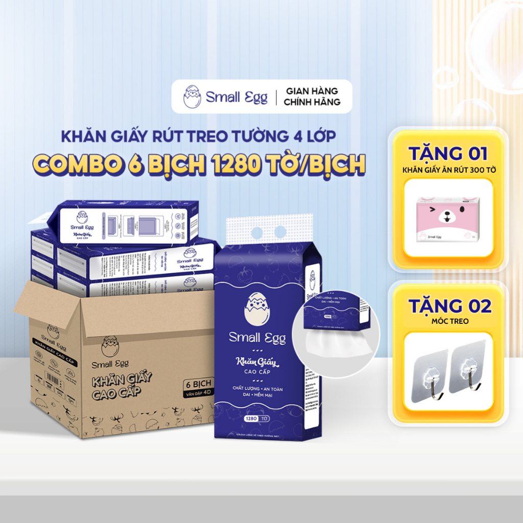[HOẢ TỐC HCM][Tặng 1 gói 300x2 tờ] - Combo 6 bịch khăn giấy rút treo tường tiện lợi Small Egg 1280 tờ 156x175mm, 4 lớp