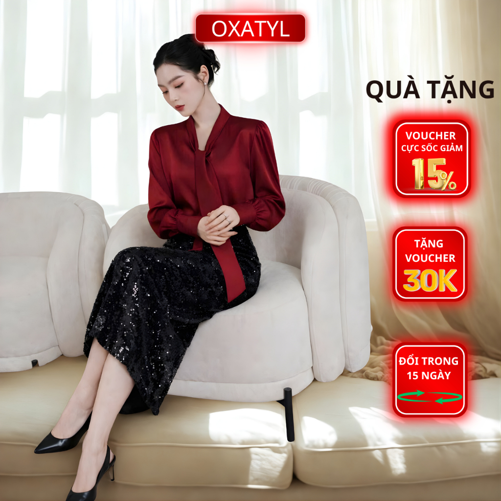 Áo sơ mi lụa vân nhăn Oxatyl A623 cổ nơ thanh lịch sang trọng màu đỏ, trắng