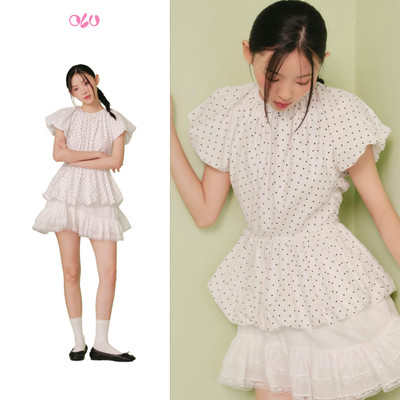 Áo babydoll OLV tay phồng chấm bi hở lưng trẻ trung White Dot Ruffled Peplum Top phù hợp đi chơi