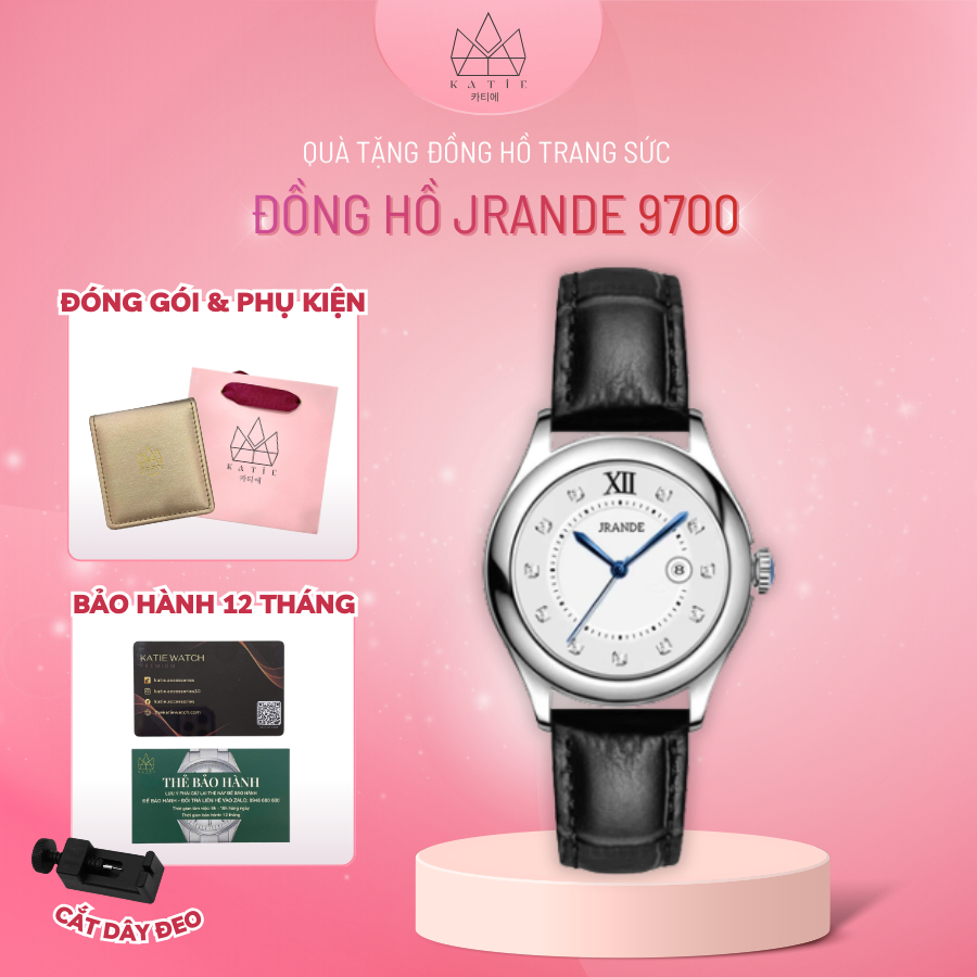 Đồng hồ nữ JRANDE 9700 size 32mm mặt tròn dây da màu đen mặt Sapphire chống xước chống nước 3ATM