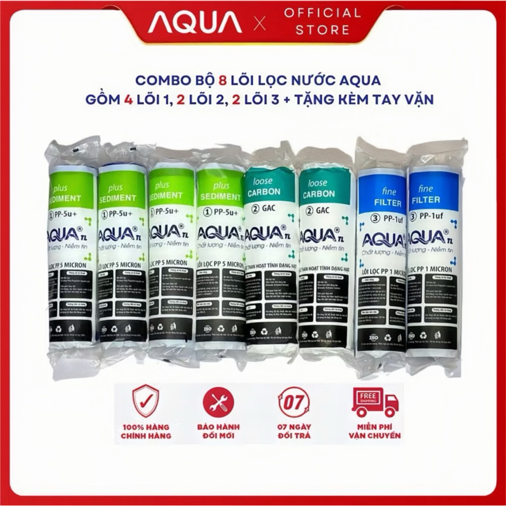 Bộ 8 lõi lọc AQUA lõi số 1 = 4 , lõi số 2 = 2 , lõi số 3 = 2 lắp cho các loại máy lọc RO có cốc lọc thô 1,2,3 10inch