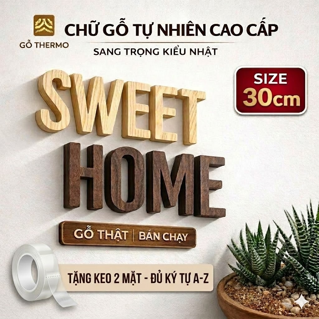 [SIZE ĐỘC QUYỀN] Chữ Gỗ Dán Tường 30cm Chữ Nổi Trang Trí, Chữ Dán Tường Gỗ Decor Màu Đậm Size THERMO