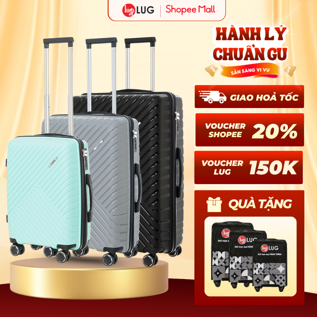 Combo 3 Vali Kéo LUG Holdall MP807 Size 20/Size 24/Size 28: Nhựa PP chống bể vỡ, Khoá Số Âm Bảo Mật