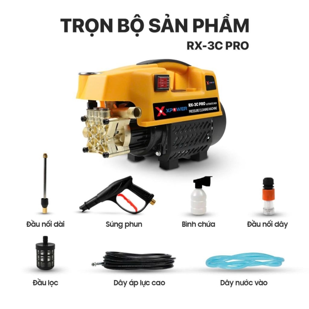 Máy xịt Rửa Xe XPOWER RX-3C Pro Áp Lực Cao, Máy xịt rửa gia đình, tặng bình bọt tuyết