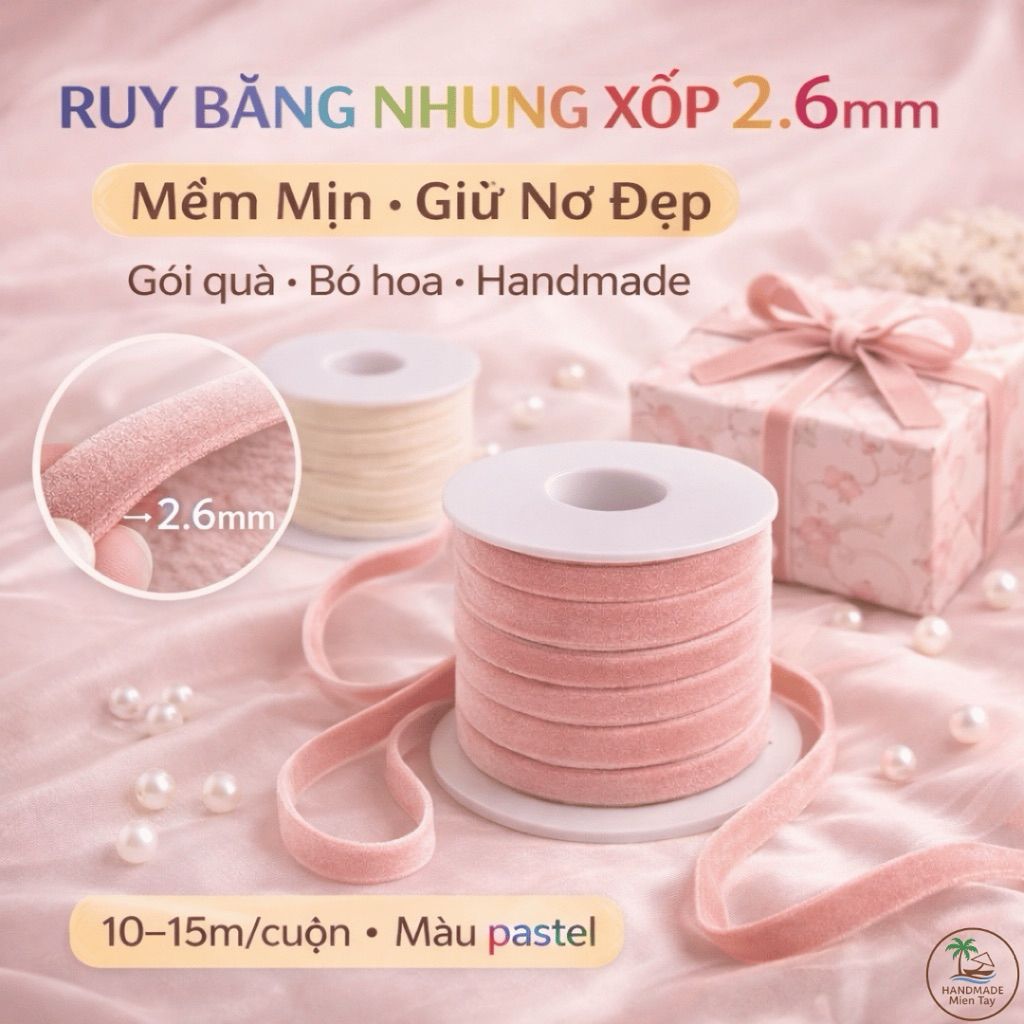 Dây Ruy Băng Nhung Xốp 2mm – Cuộn Buộc Quà, Làm Nơ Handmade, Màu Pastel, Mềm Mịn, Dễ Phối, Nhiều Màu