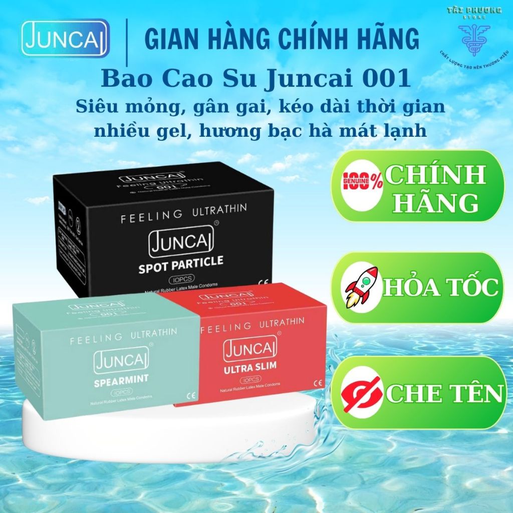 Bao cao su Juncai 001, siêu mỏng, nhiều gel, gân gai, kéo dài thời quan quan hệ - Hộp 10 cái