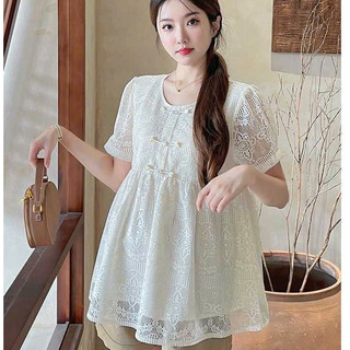 Áo Bầu Ren Babydoll Màu Kem Cao Cấp – Áo Bầu Xòe Nhẹ Che Bụng, Thoáng Mát