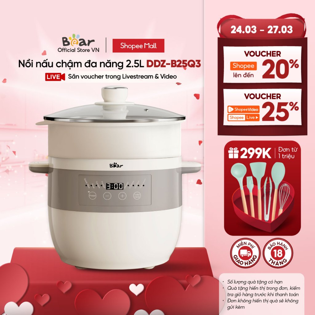 Nồi Nấu Chậm 2.5L Đa Năng Bear DDZ-B25Q3 (KÈM XỬNG HẤP) - Hàng Chính Hãng