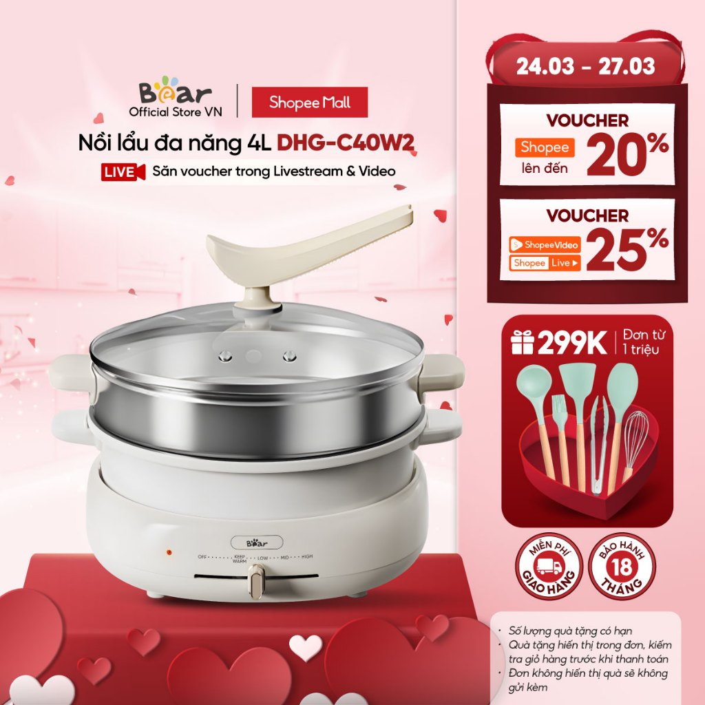 Bộ Nồi Lẩu Nướng Bear 3 khay 3in1 DHG-C40W2 - Hàng Chính Hãng