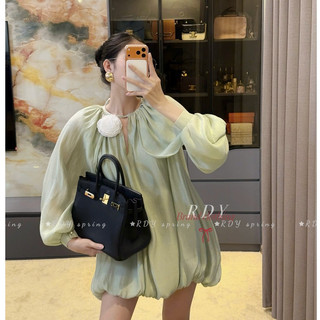 Đầm đi dự tiệc, váy dự tiệc tơ cổ tròn cut out tay dài dáng suông bom bồng thiết kế tiểu thư sang chảnh dạo phố LONA