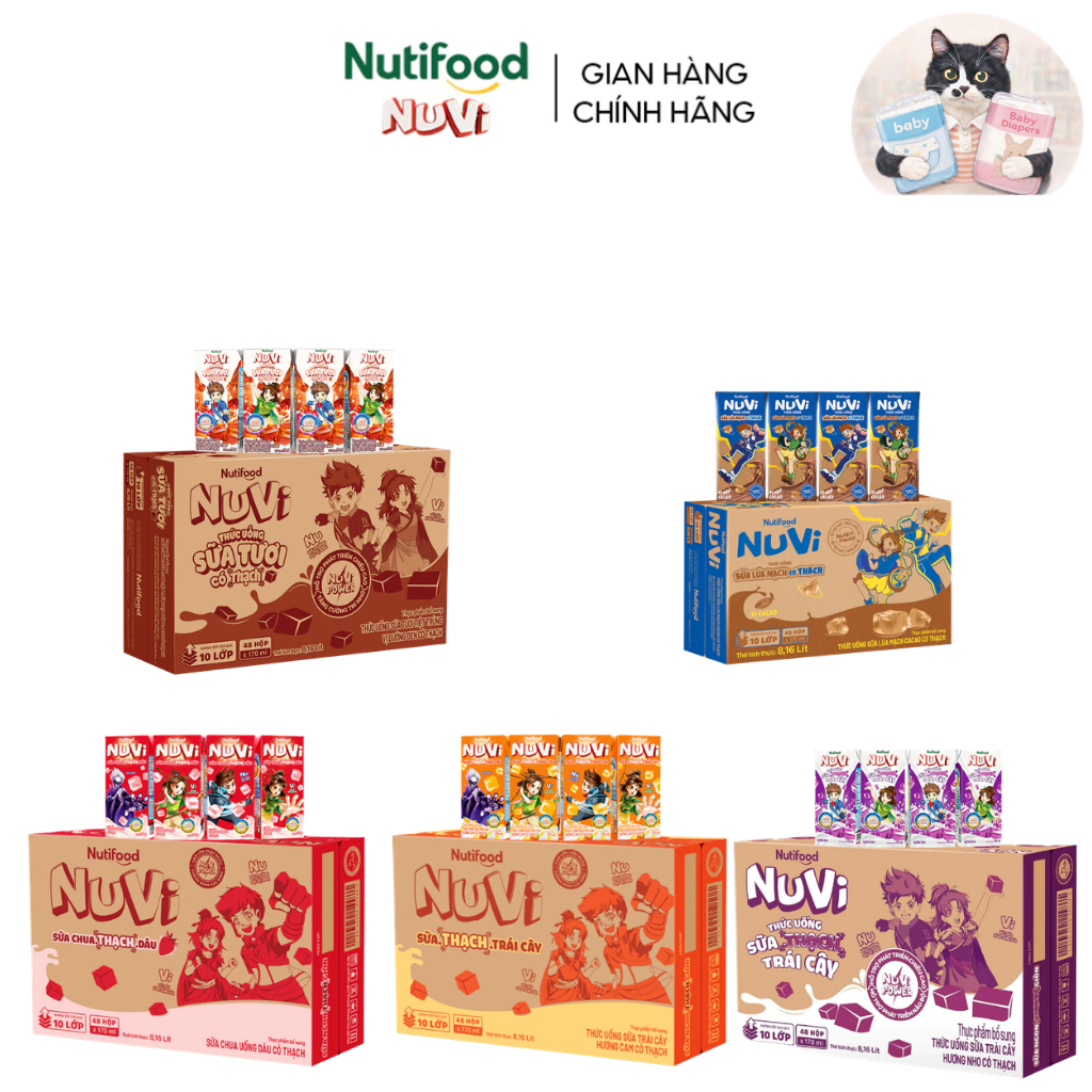 Thùng 48 Hộp Sữa Có Thạch NuVi Vị Cam/Dâu/Nho/Đường đen/Cacao 170ml