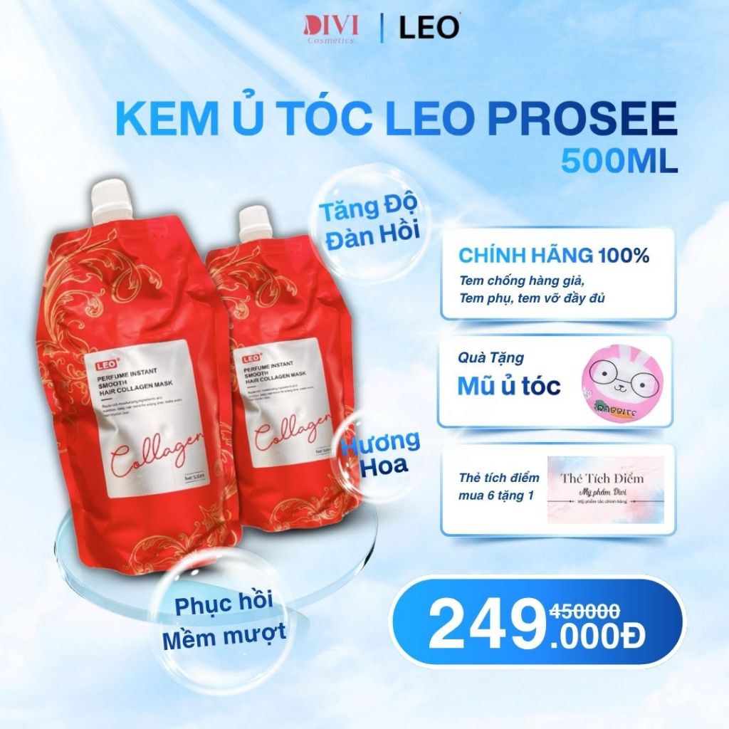CHÍNH HÃNG Hấp dầu ủ tóc Collagen LEO PROSEE siêu mềm và thơm phục hồi tóc hư tổn nặng 500ml - Mỹ phẩm Divi
