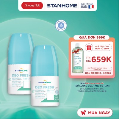 Combo 2 lăn khử mùi ngăn tiết mồ hôi cho trẻ em và cho da nhạy cảm không cồn hương tươi mát Stanhome deo fresh 50ml